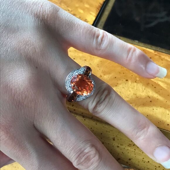 Orange Quartz Natural Citrine Cocktail Ring Size 6 - Picture 3 of 8